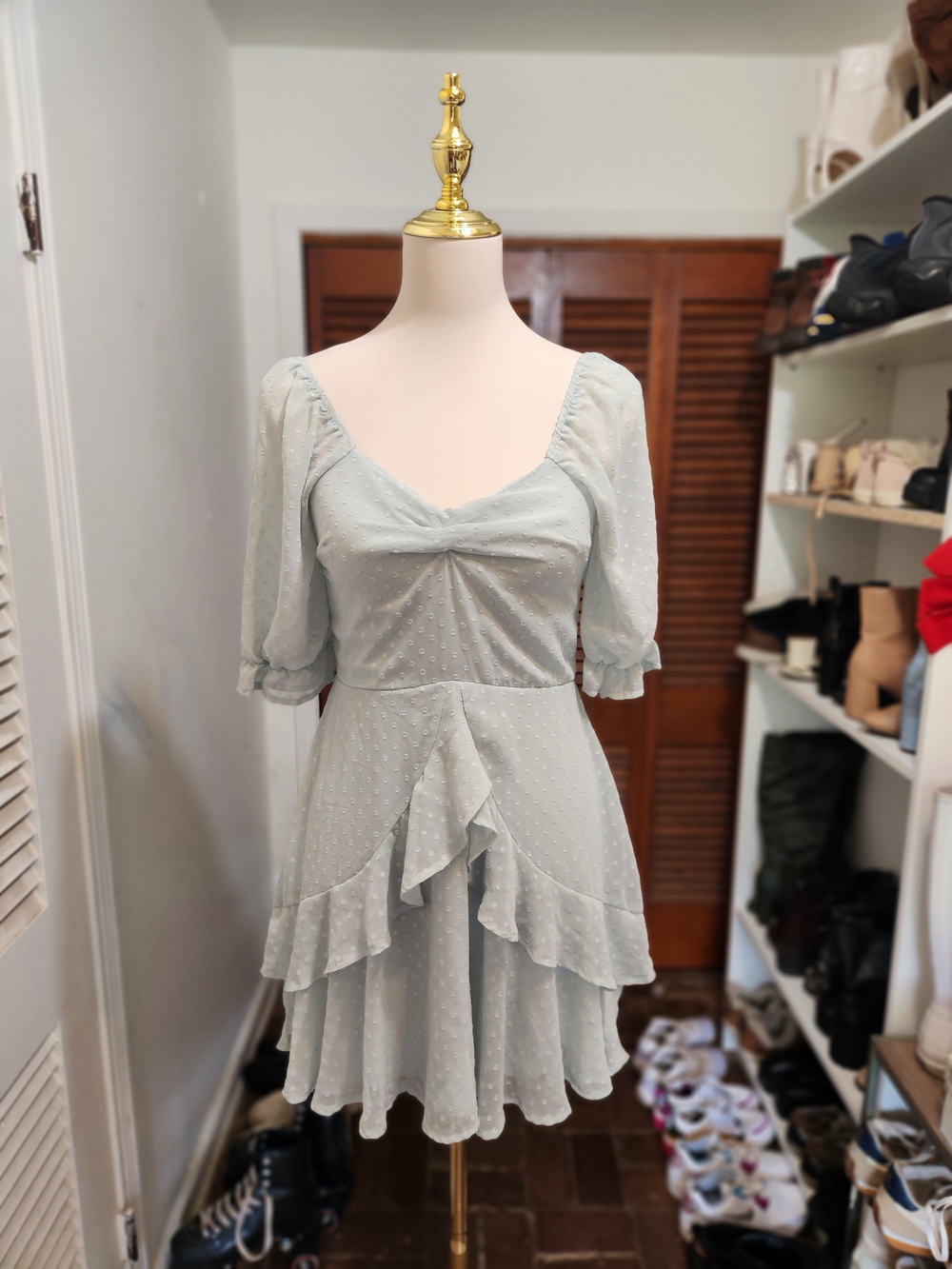 Light Blue Puff Sleeve Ruffle Mini Dress